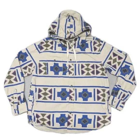 Modern Amusement Hooded Shirt Jacket L Aztec Tribal Cotton Southwest Print - Picture 2 of 8